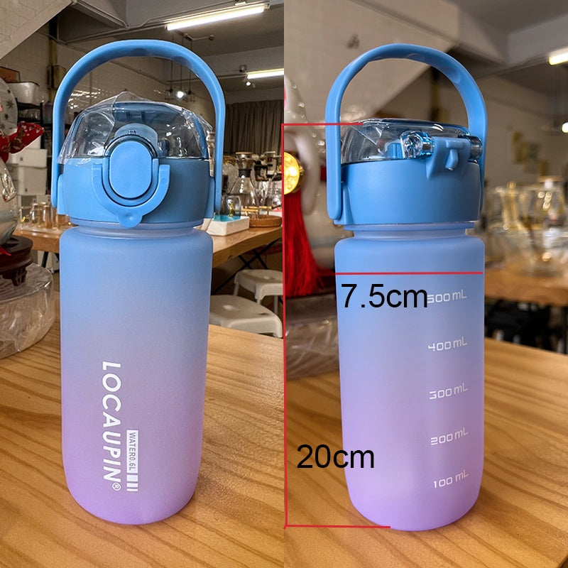 Locaupin Gradient Frosted Fitness Sports Water Bottle Snap Design Lid For Student to Outdoor Running Cycling Gym Workout