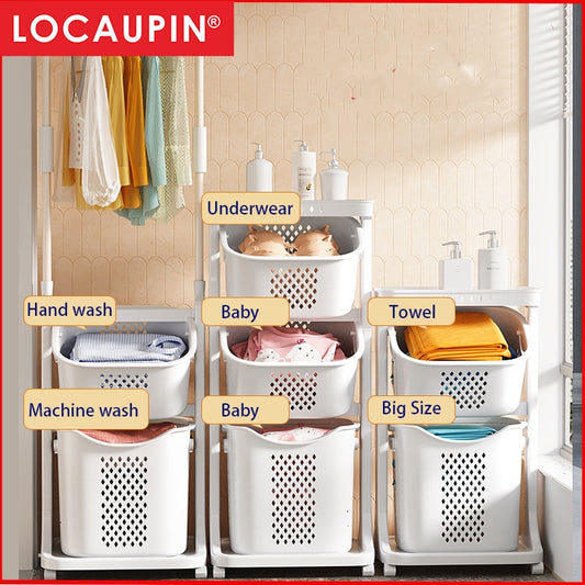 Locaupin 2/3 Tier Laundry Baskets Bathroom Storage Basket Clothes Storage Rack Clothes Organizers with Hanger