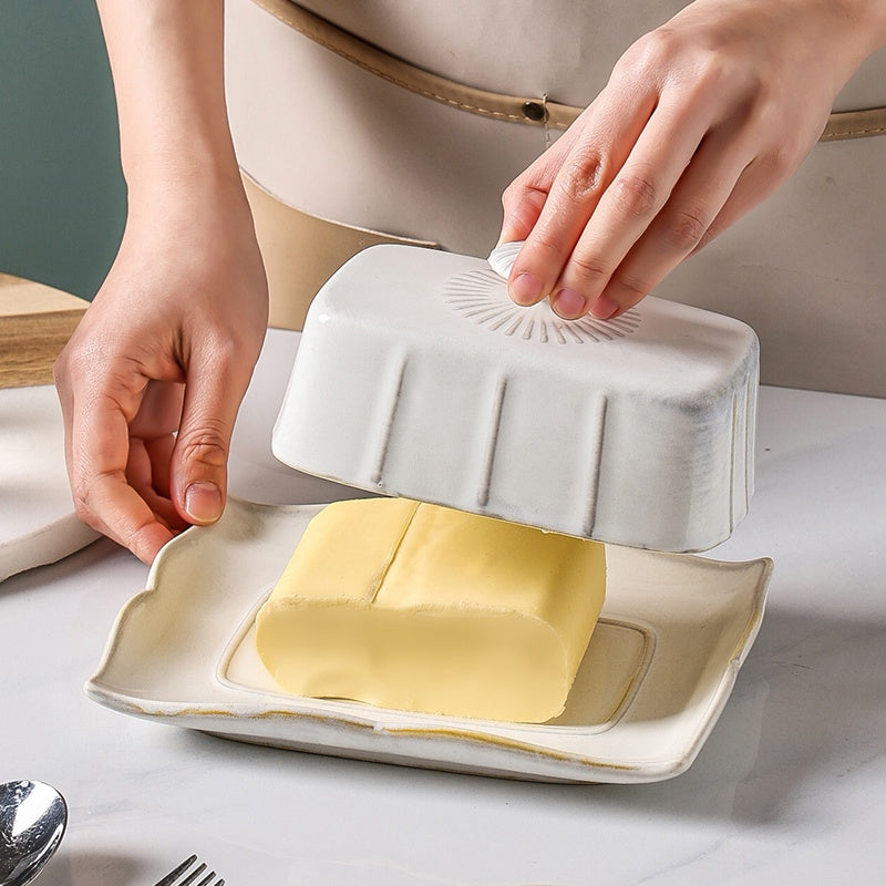 Locaupin Butter Dish with Lid  Large Ceramic Butter Storage Container Keeper for Refrigerator with Butter Knife