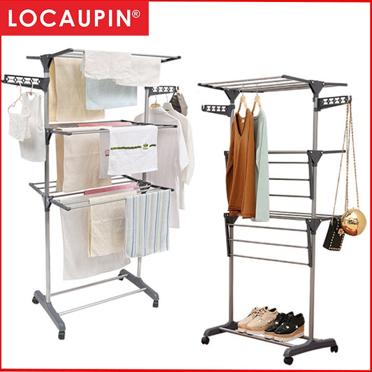 Locaupin 3 Tier Grey Color Foldable Drying Rack Clothes Rack Clothes Wardrobe Hanger Rack