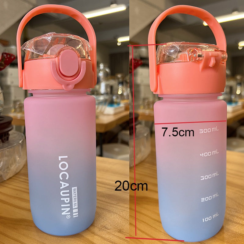 Locaupin Gradient Frosted Fitness Sports Water Bottle Snap Design Lid For Student to Outdoor Running Cycling Gym Workout