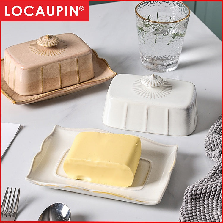 Locaupin Butter Dish with Lid  Large Ceramic Butter Storage Container Keeper for Refrigerator with Butter Knife