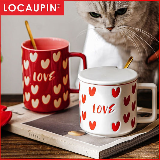 Locaupin Ceramic Large Coffee Mugs Tea Cups with Strawberry Pattern, Milk Mugs, breakfast cups ,Cereal, Ice Cream Gifts