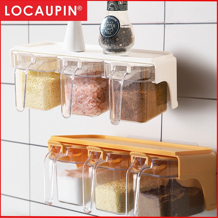 Locaupin 3 Grids Seasoning Box with Handle and Spoon, Seasoning Storage Container Rack Combo Set with Removable
