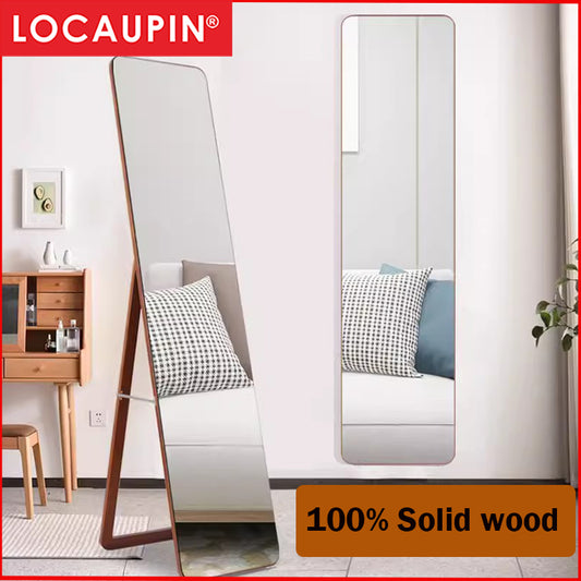 Locaupin Floor Mirror,Standing or Hanging Solid wood Mirror, Wood Frame & Wood Holder, HD&Explosion-Proof Silver Mirror