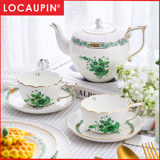 Locaupin Ceramic TeaPots,Coffee Pots,European Ceramic Vintage Coffee Cups with Gold Edge Flower Pattern Delicate Design