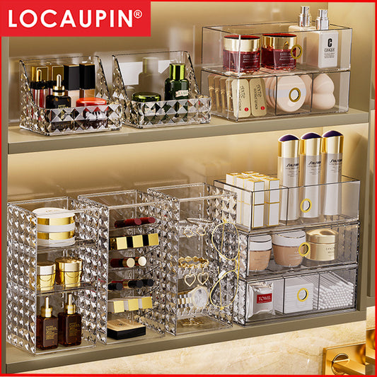 Locaupin Makeup Organizer with Brush Holder Clear Drawer,  Stand for Lipsticks, Eyeshadow, Nail Polish Jewelry Skincare