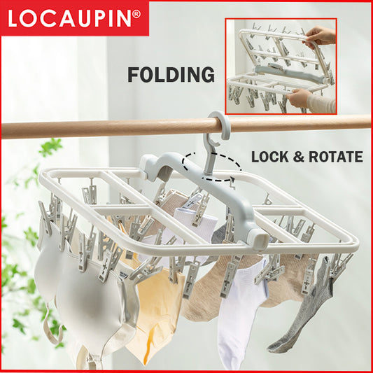 Locaupin Foldable Clip Hangers with 12/20/32 Drying Clips, Underwear Hanger with Clips, Plastic Laundry Clip