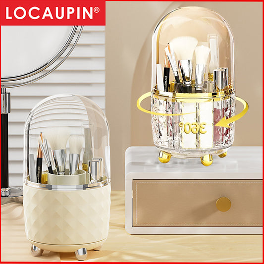 Locaupin Makeup Brush Holder Organizer with Lid 360 Rotating Dustproof Makeup Brushes Organizer for Vanity