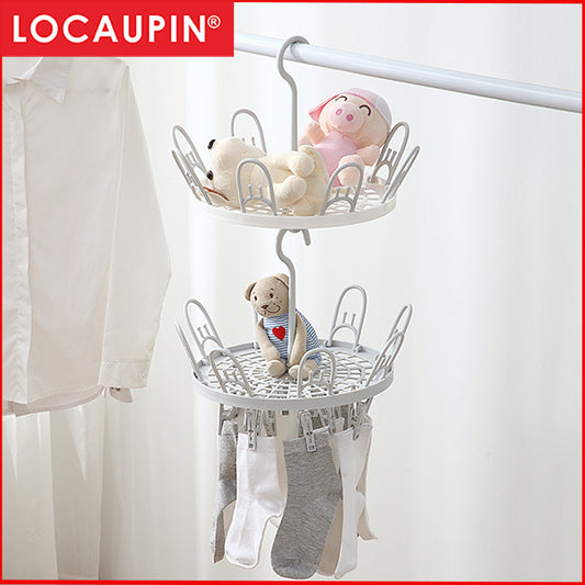 Locaupin Laundry Hanger Drying Rack, Foldable Clip and Drip Hanger with 18 Pins and Wind-Proof Hook for Drying Towels