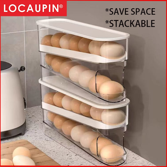 Locaupin Sliding Egg Container Kitchen Organizer with Lid Rolling Food Grade Refrigerator Egg Dispenser Storage Rack
