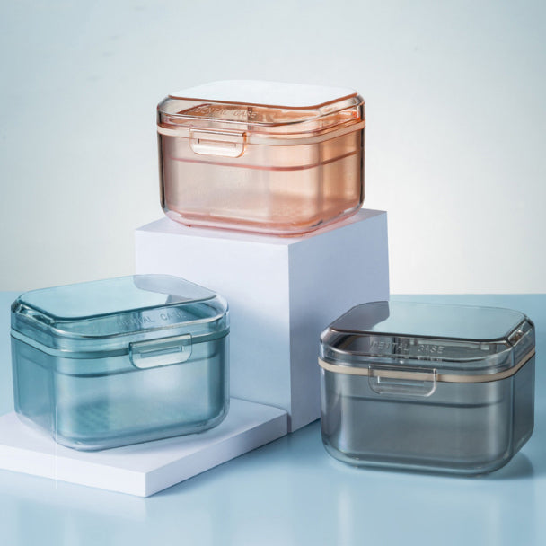Locaupin Denture Case Kit with Strainer, Large Mouth Guard with Lid Hinge,Storage Soak Container, Denture Case for Clean