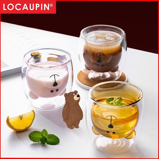 Locaupin Bear Mugs Cute Mugs Coffee Cup Double Wall Insulated Glass Espresso Cups for Birthday Christmas Valentine's Day