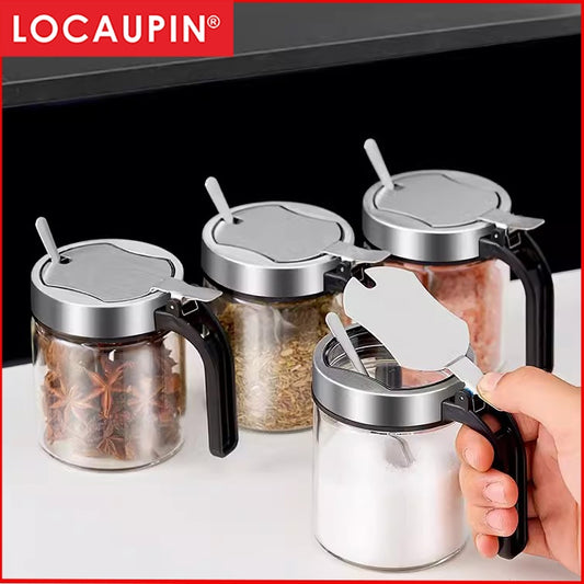 Locaupin Glass Spice Jar Kitchen Condiment Dispenser Spice Container CondimentJar Seasoning Stainless Steel Glass Bottle
