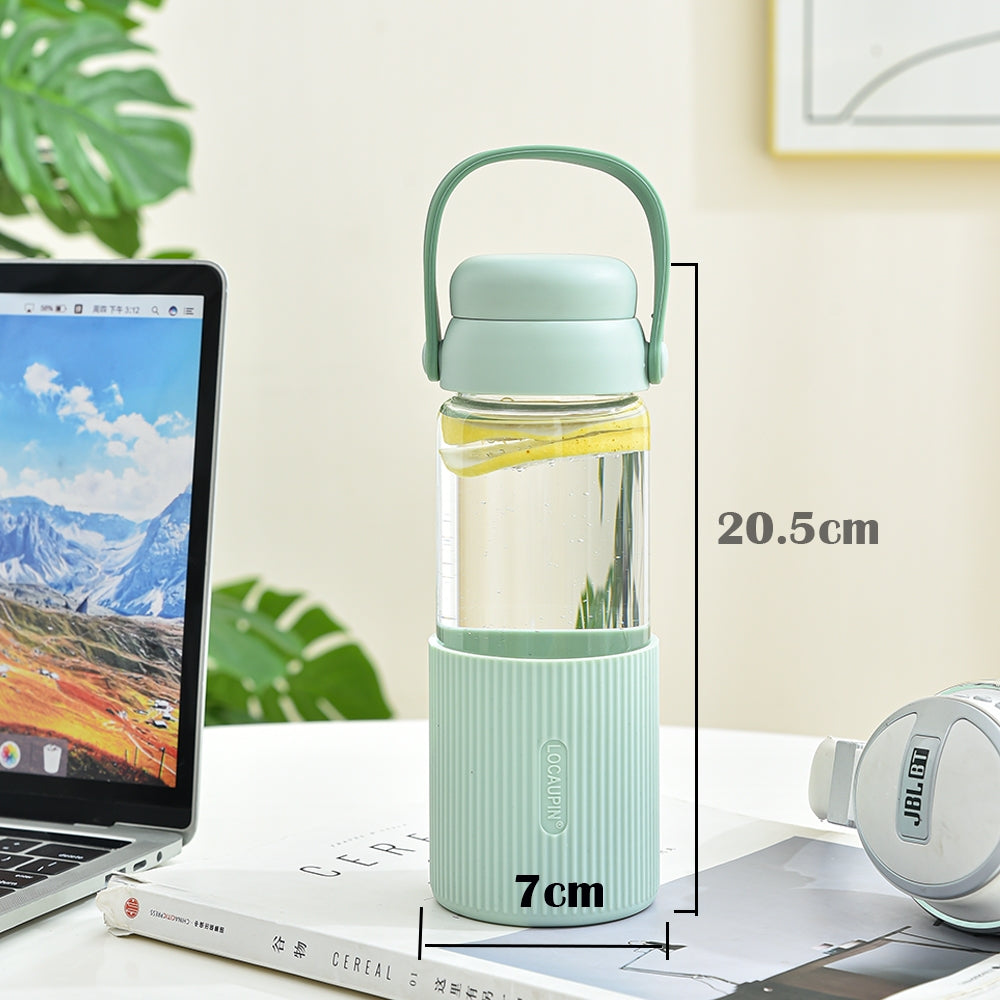 Locaupin Glass Water Bottles with Silicone Sleeve, BPA-Free,with Handle and Filter Tea Bottle,Portable Travel tea Bottle