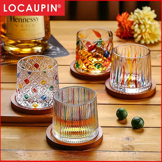 Locaupin Whiskey Glasses, Rotatable Old Fashioned Glasses with Creative Walnut Coasters, for Gifts , Bourbon Glass Cups