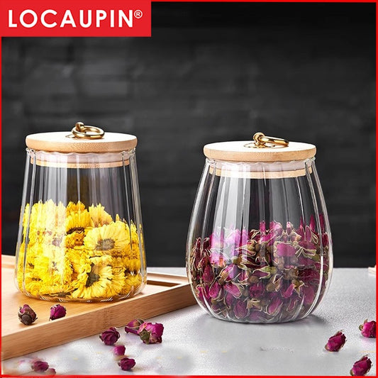 Locaupin Borosilicate Glass Storage Jars ,Clear Glass Food Storage Containers with Airtight Wood Lid Kitchen Canisters
