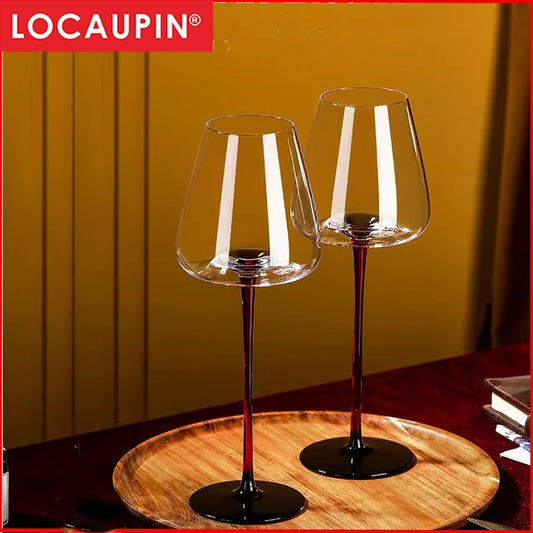 Locaupin 2pcs Wine Glasses, Crystal Clear Glass, Long Stem Wine Glass for Red, Black Concave Bottom Champagne Glasses