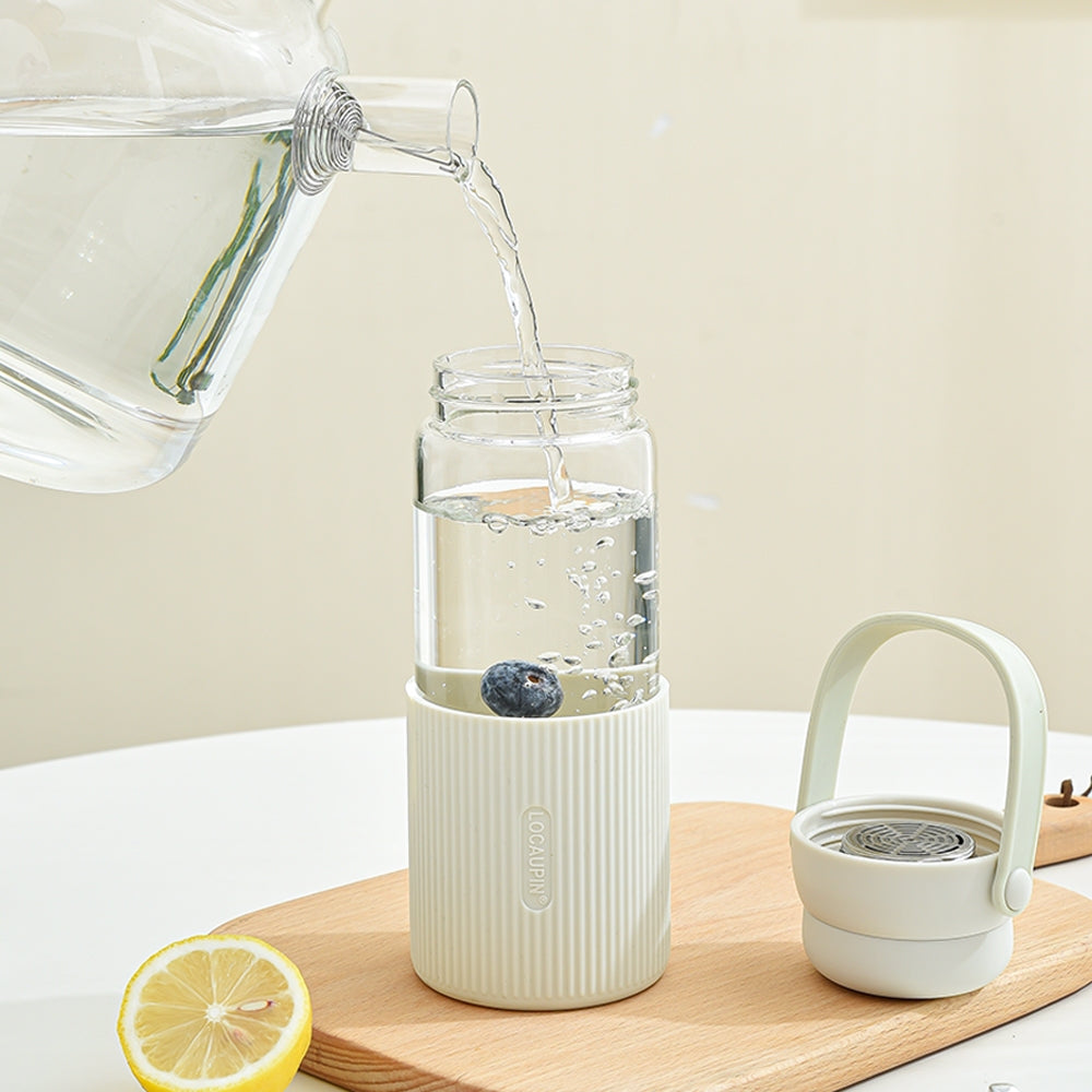 Locaupin Glass Water Bottles with Silicone Sleeve, BPA-Free,with Handle and Filter Tea Bottle,Portable Travel tea Bottle