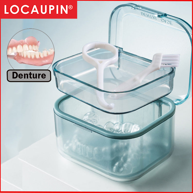 Locaupin Denture Case Kit with Strainer, Large Mouth Guard with Lid Hinge,Storage Soak Container, Denture Case for Clean