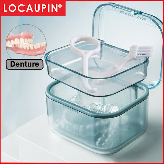 Locaupin Denture Case Kit with Strainer, Large Mouth Guard with Lid Hinge,Storage Soak Container, Denture Case for Clean
