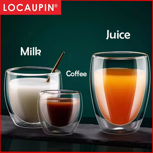 Locaupin Double Wall Glass Coffee Mugs Juice Mugs Teacups Heat Resistant Borosilicate Glass Cups with Cover