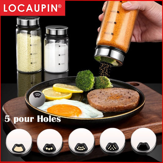 Locaupin Glass Spice Jars, Salt and Pepper Shakers with Adjustable Pour Holes - for Seasonings, Herbs, Powders, Glitters