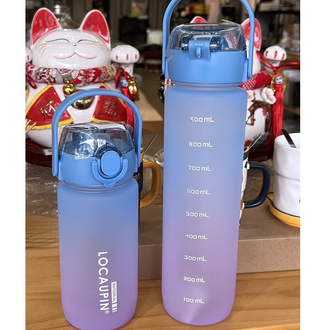 Locaupin Gradient Frosted Fitness Sports Water Bottle Snap Design Lid For Student to Outdoor Running Cycling Gym Workout