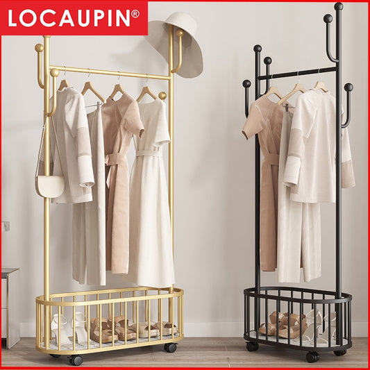 Locaupin Coat Rack with Storage Basket, Freestanding Coat Hanger Stand Hall Tree with 4 Hooks, for Office, Bedroom
