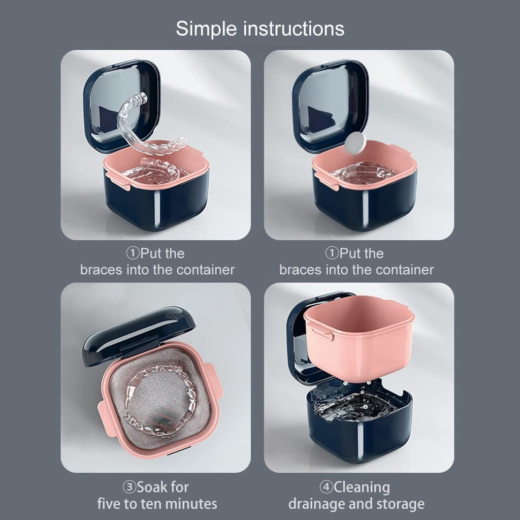 Locaupin Denture Case Kit with Strainer, Large Mouth Guard with Lid Hinge,Storage Soak Container, Denture Case for Clean