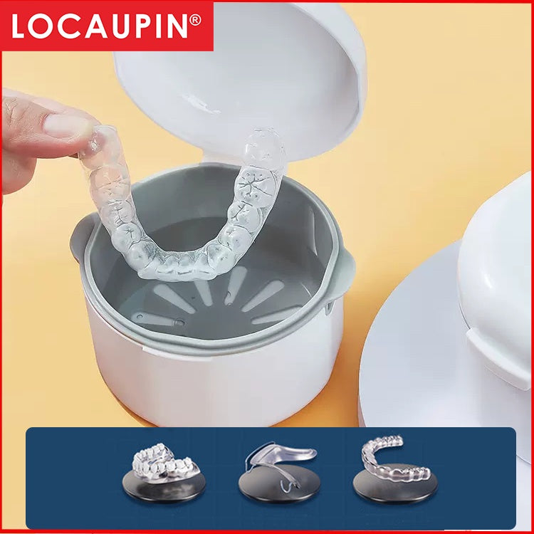 Locaupin Denture Case Kit with Strainer, Large Mouth Guard with Lid Hinge,Storage Soak Container, Denture Case for Clean