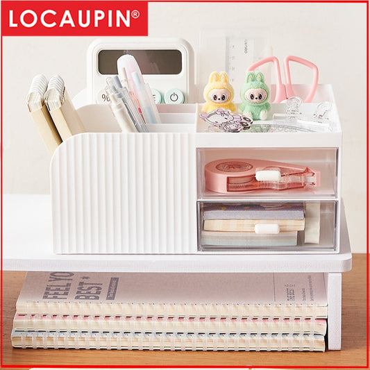 Locaupin white Desktop Organizer ,Makeup Organizer with Brush Holder Clear Drawer, for Small Tools Storage