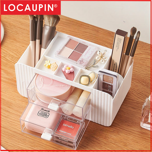 Locaupin white Desktop Organizer ,Makeup Organizer with Brush Holder Clear Drawer, for Small Tools Storage