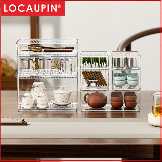 Locaupin Transparent Plastic Tea Utensil Storage Box with Removable Drip Tray  Space-Saving  Dustproof