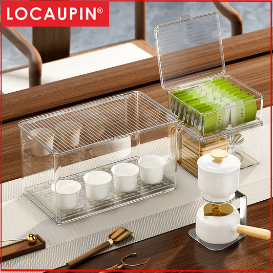 Locaupin Transparent Plastic Tea Utensil Storage Box with Removable Drip Tray  Space-Saving  Dustproof