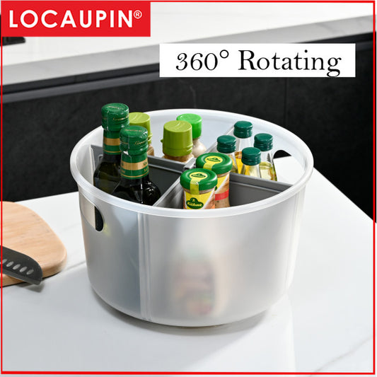 Locaupin 360° Rotating Organizer, Plastic Storage Tray with Adjustable Dividers,Cabinet Organizer for Home