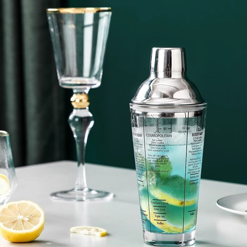 Locaupin Stainless Steel Professional Cocktail Shaker Set - Glass Body w/ Measurements, Non-Slip Grip, Includes Jigger