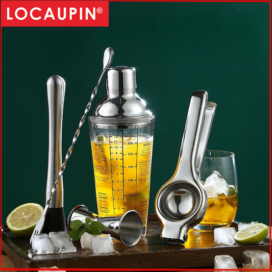 Locaupin Stainless Steel Professional Cocktail Shaker Set - Glass Body w/ Measurements, Non-Slip Grip, Includes Jigger