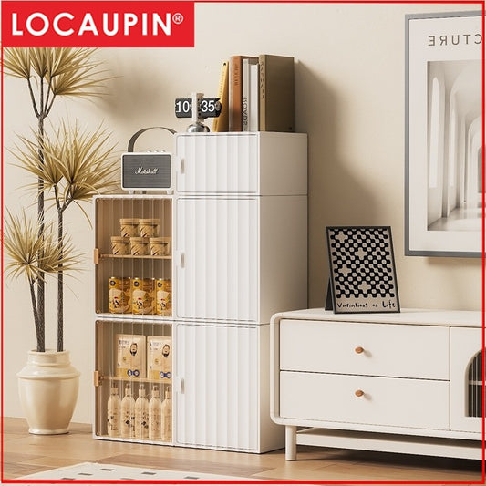 Locaupin Plastic Storage Cabinet Collapsible Storage Bins with Doors Stackable Book Storage Bins for Bathroom Entryway