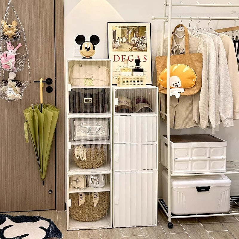 Locaupin Plastic Storage Cabinet Collapsible Storage Bins with Doors Stackable Book Storage Bins for Bathroom Entryway