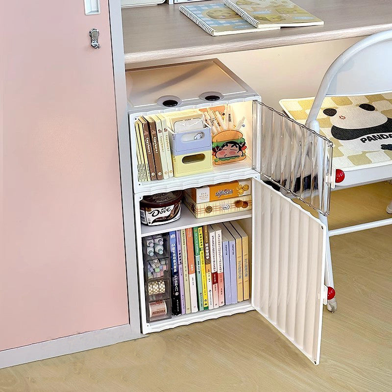 Locaupin Plastic Storage Cabinet Collapsible Storage Bins with Doors Stackable Book Storage Bins for Bathroom Entryway