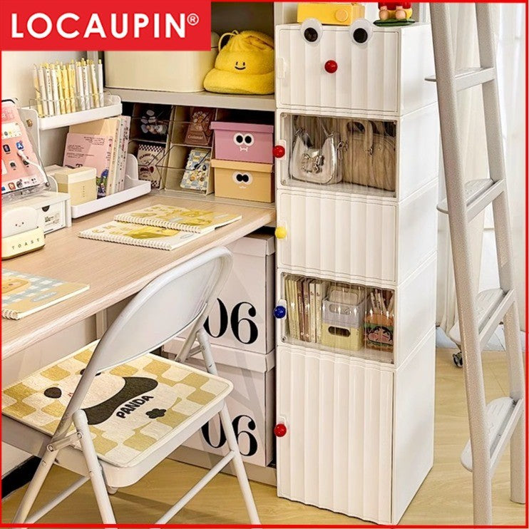 Locaupin Plastic Storage Cabinet Collapsible Storage Bins with Doors Stackable Book Storage Bins for Bathroom Entryway