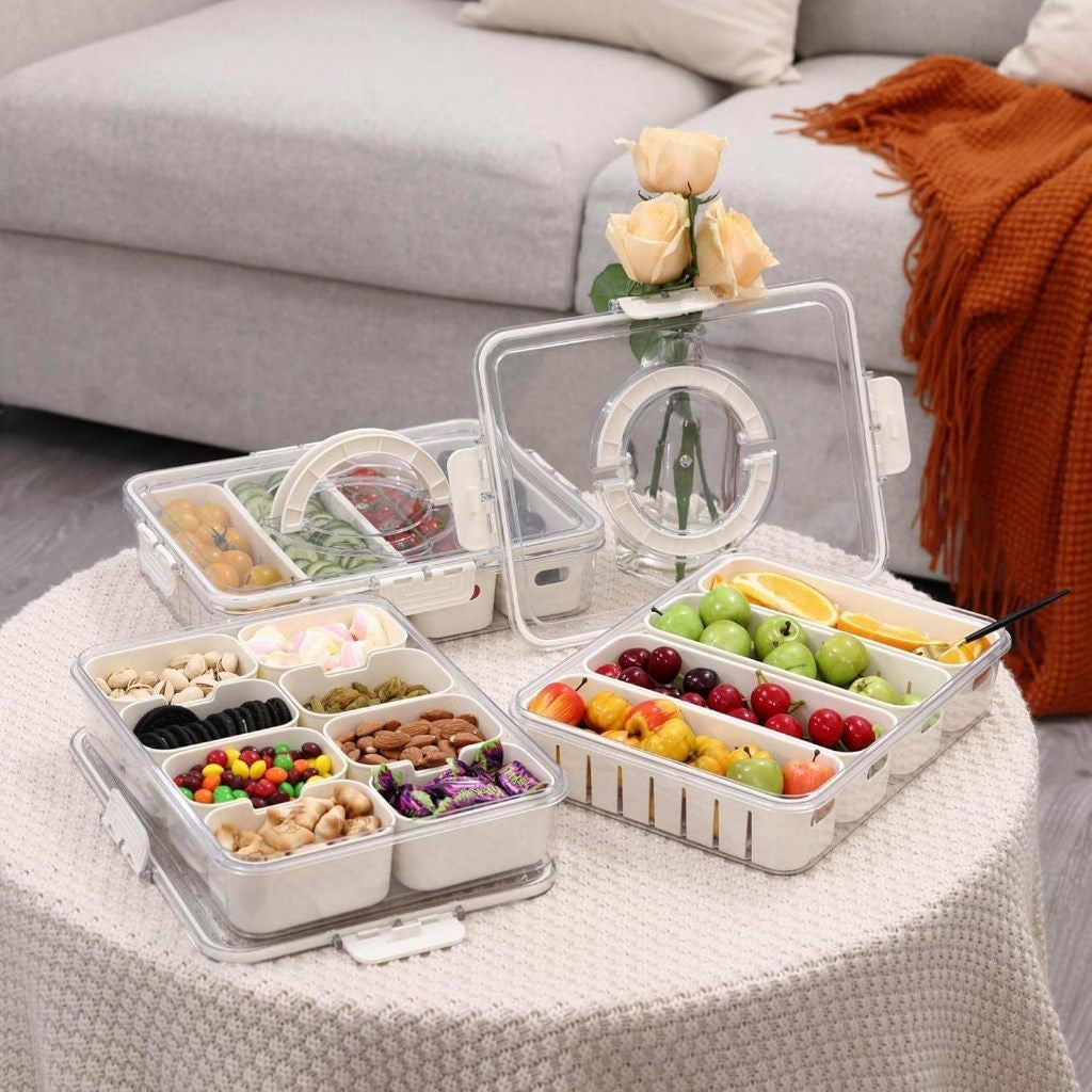 Locaupin Plastic Divided Serving Tray with Lids Individual Dishes Food Storage Containers Snackle Container
